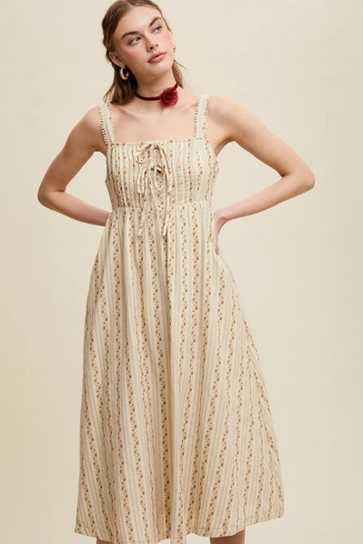 Floral Embroidered Striped Midi Dress with Pockets