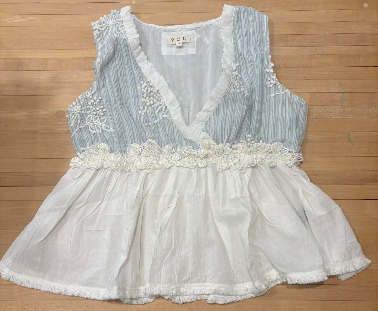 POL Embroidered Blue and White Tank