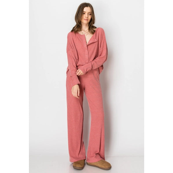 Ribbed Sweater Knit Snap Button Pants Lounge Set