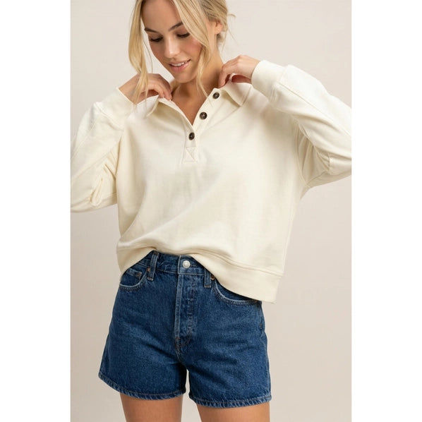 Washed Button-Front Collared Sweatshirt