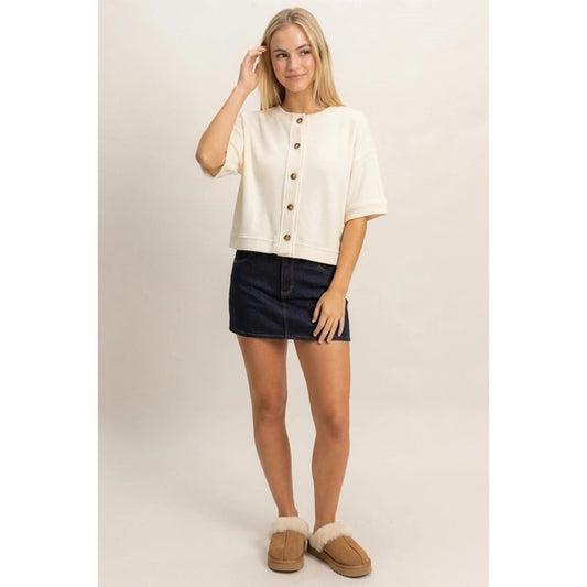 Button-Down Short Sleeve Waffle Top