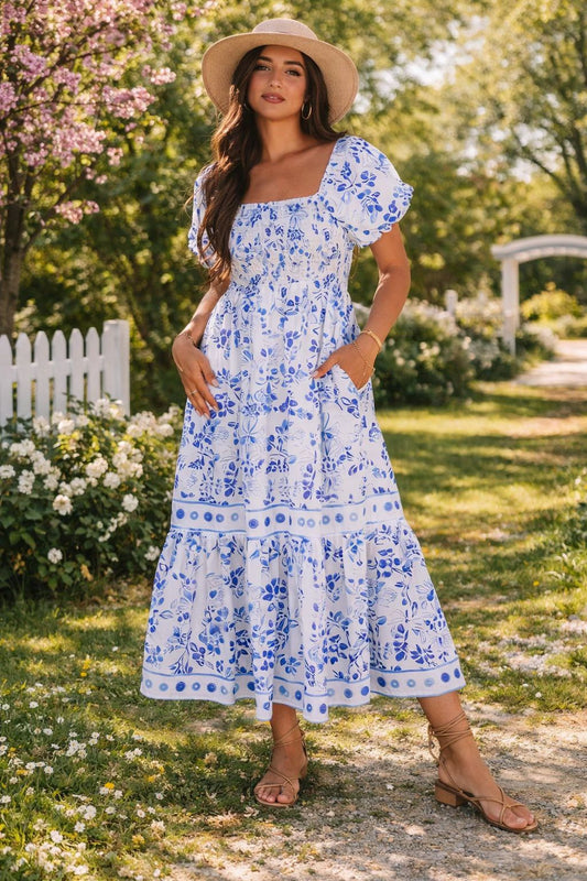 Pre-Sale Sky Blue Floral Print Square Neck Maxi