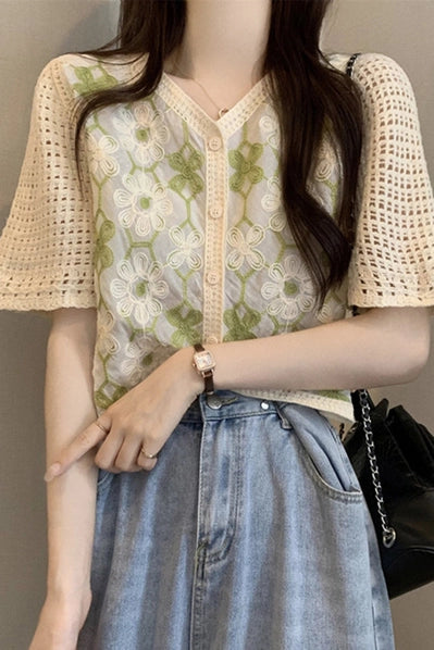 Floral Short Sleeve Button-Front Top