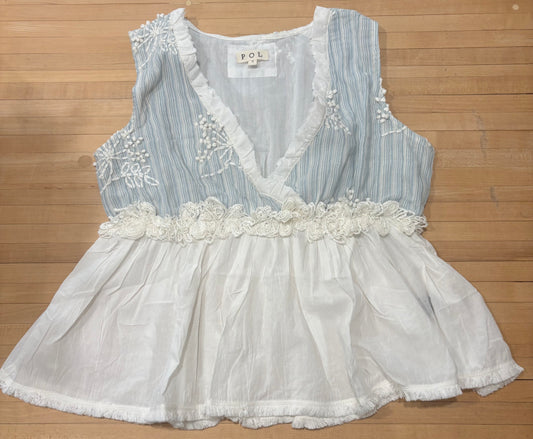 POL Embroidered Blue and White Tank
