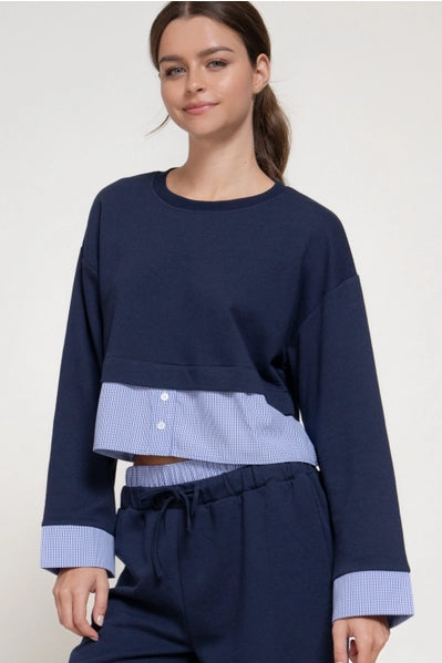 Long Sleeve Sweatshirt and Pants with Contrasting Check Panel
