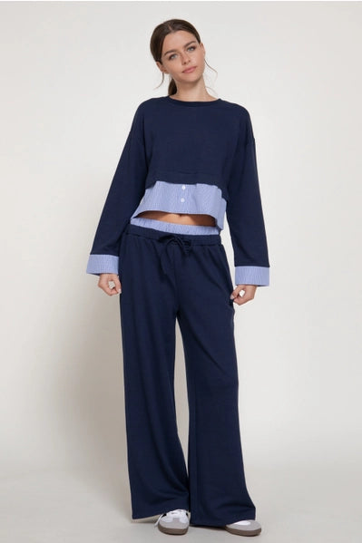 Long Sleeve Sweatshirt and Pants with Contrasting Check Panel