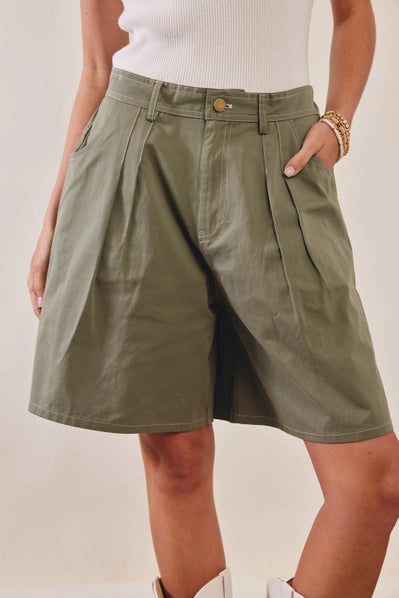 Pleated Cotton Bermuda Shorts